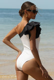 Giovana White & Black One-Shoulder Swimsuit With Bow