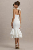 Arla White Halter Neck Ruffle Trim Midi Dress