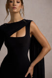 Ashini Black One-Sleeve Maxi Dress With Cape