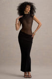 Asia Black Sheer Short-Sleeve Draped Maxi Dress