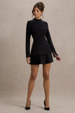Athena Black Long-Sleeve Mini Dress With Pleated Hem