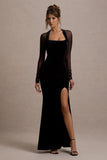 Apres Black Velvet Bodycon Split Maxi Dress With Sheer Sleeves