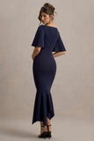 Ashling Navy Flutter-Sleeve Hanky-Hem Midi Dress