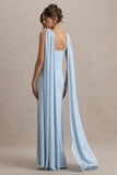 Ariana Powder Blue Cross-Neck Maxi Dress With Cape