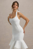 Arla White Halter Neck Ruffle Trim Midi Dress