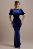 Ashlin Navy Velvet Puff-Sleeve Maxi Dress