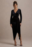 Arcadia Black Velvet Plunge-Neck Wrap Midi Dress